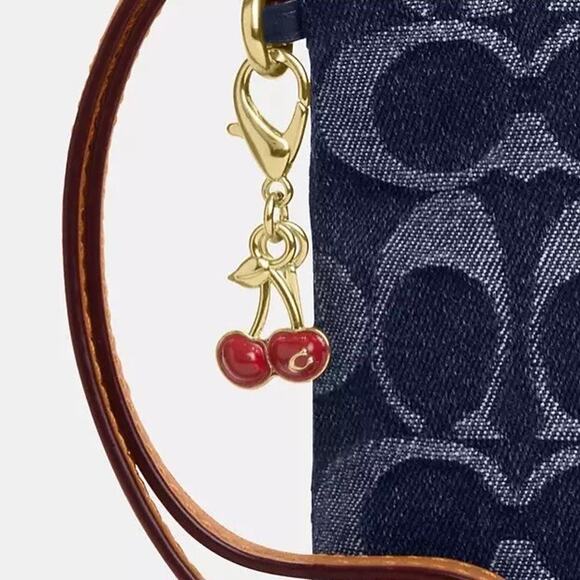 NWT Limited Coach CZ452 Signature Denim Corner Zip Wristlet with Cherry Charm - Picture 5 of 9